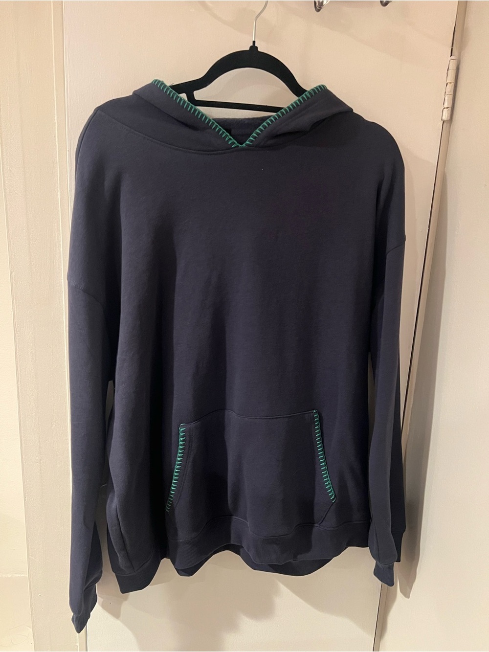 Navy Hoodie Sweater with Green Stitch Detail